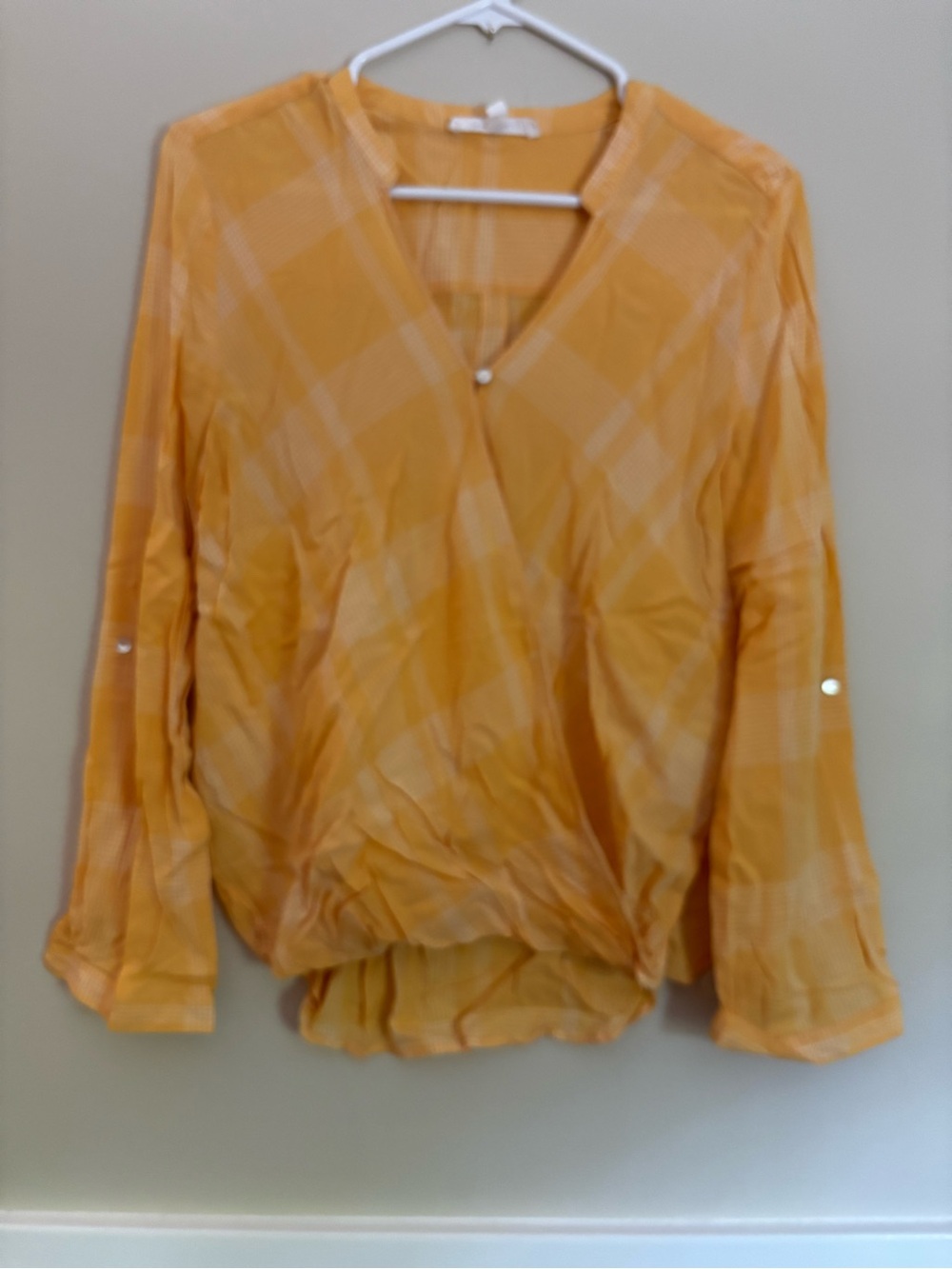 Love Tree Yellow Plaid Faux Wrap Blouse Size Medium